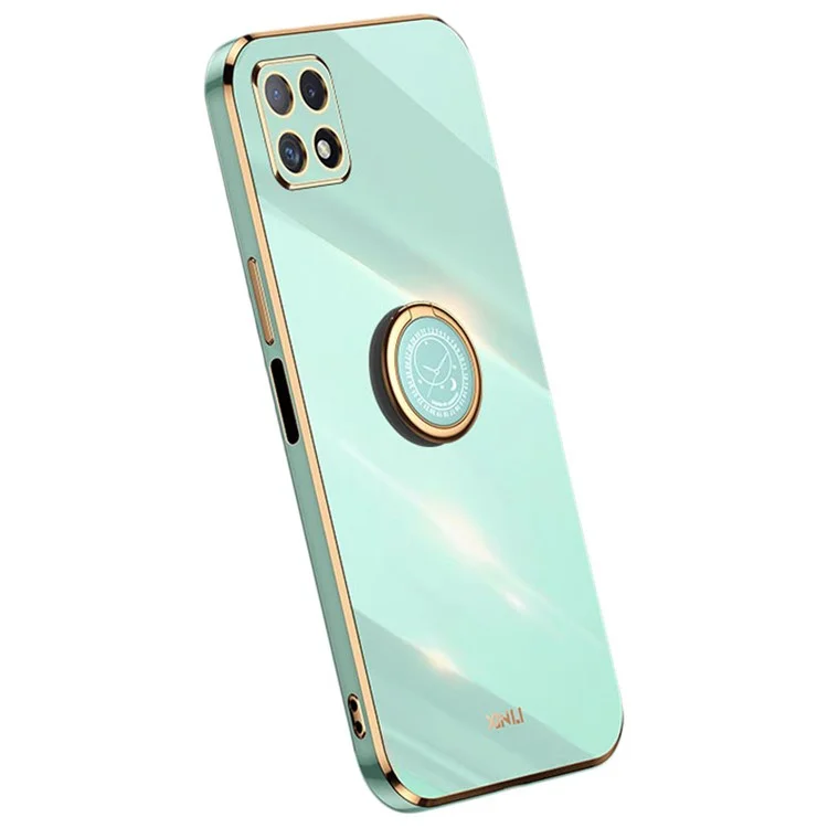 XINLI Para Samsung Galaxy A22 5G (Versão EU) Capa de Telefone Anticolisão com Recorte Preciso da Lente, Suporte de Anel e Borda Dourada Metálica Eletropositiva em TPU Macio - Ciano