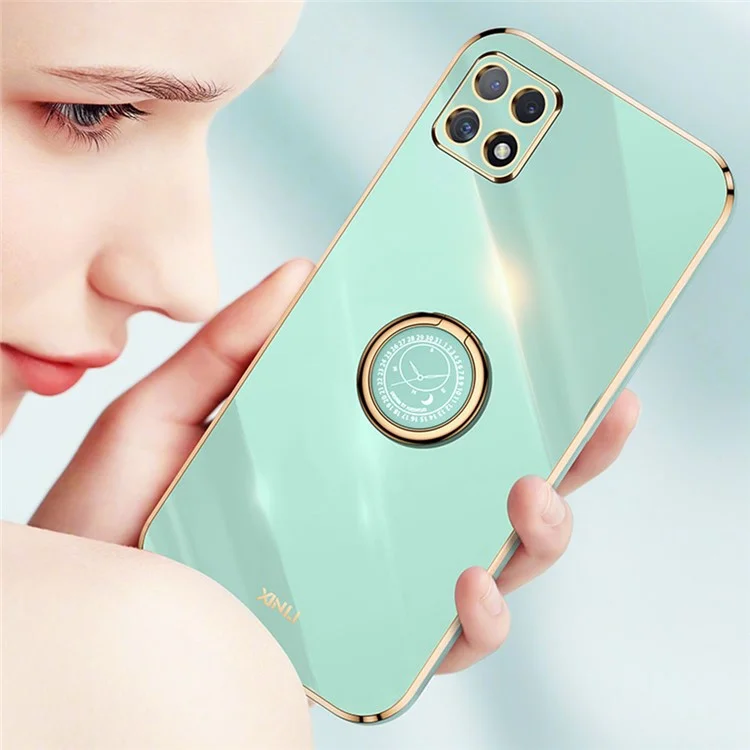 XINLI Para Samsung Galaxy A22 5G (Versão EU) Capa de Telefone Anticolisão com Recorte Preciso da Lente, Suporte de Anel e Borda Dourada Metálica Eletropositiva em TPU Macio - Ciano