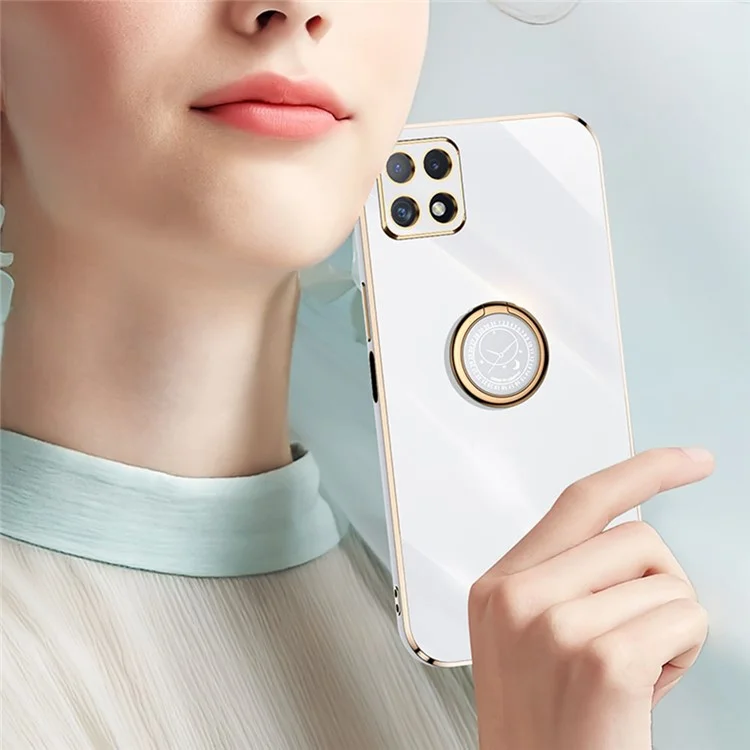 XINLI Para Samsung Galaxy A22 5G (Versão EU) Capa de Telefone Anticolisão com Recorte Preciso da Lente, Suporte de Anel e Borda Dourada Metálica Eletropositiva em TPU Macio - Ciano