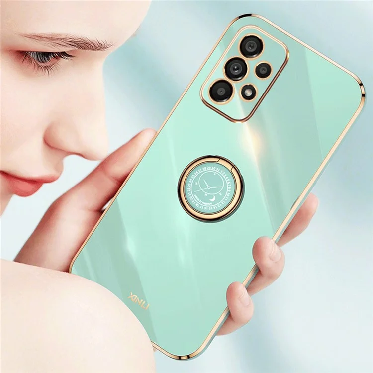 XINLI Back Shell per Samsung Galaxy A23 4G / A23 5G (Versione Globale), Cover Morbida in TPU con Bordo Dorato Elettroplaccato, Taglio Preciso per Obiettivo, Custodia Telefonica con Supporto ad Anello - Ciano