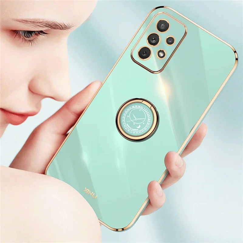 XINLI Shockproof Phone Cover For Samsung Galaxy A53 5G, Protective TPU Phone Case Kickstand with Electroplating Golden Edge - Cyan