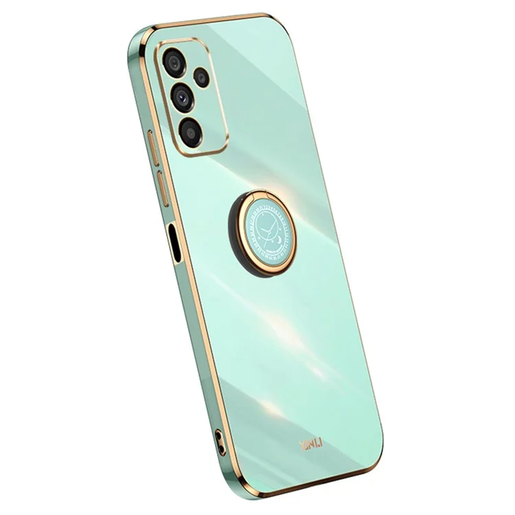 XINLI Para Samsung Galaxy A14 5G / A14 4G Anel de Recorte de Lente Preciso Kickstand Phone Case Electroplating Golden Edge Soft TPU Cover - Ciano