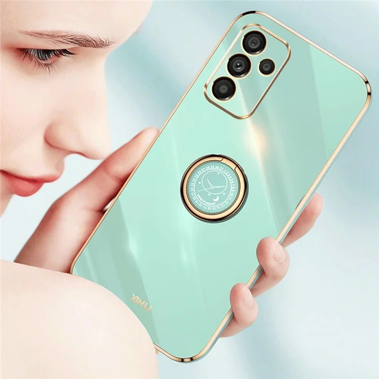 XINLI Para Samsung Galaxy A14 5G / A14 4G Anel de Recorte de Lente Preciso Kickstand Phone Case Electroplating Golden Edge Soft TPU Cover - Ciano