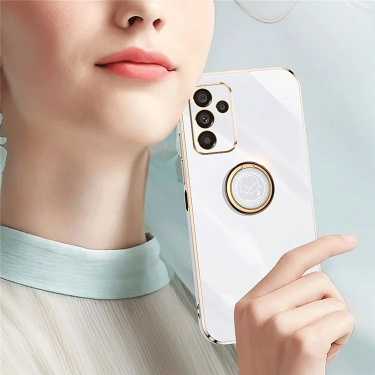 XINLI Para Samsung Galaxy A14 5G / A14 4G Anel de Recorte de Lente Preciso Kickstand Phone Case Electroplating Golden Edge Soft TPU Cover - Ciano