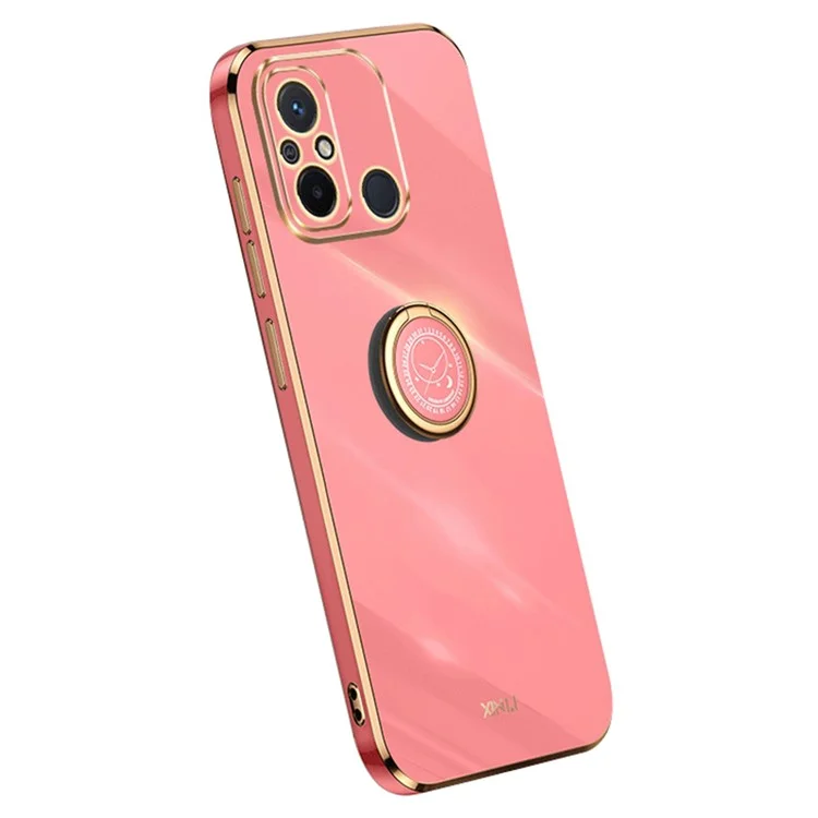 XINLI Für Xiaomi Redmi 12C 4G Ring Kickstand Phone Protective Case Electroplating Golden Edge TPU Back Cover - Rot