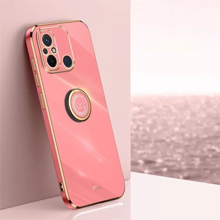 XINLI Für Xiaomi Redmi 12C 4G Ring Kickstand Phone Protective Case Electroplating Golden Edge TPU Back Cover - Rot