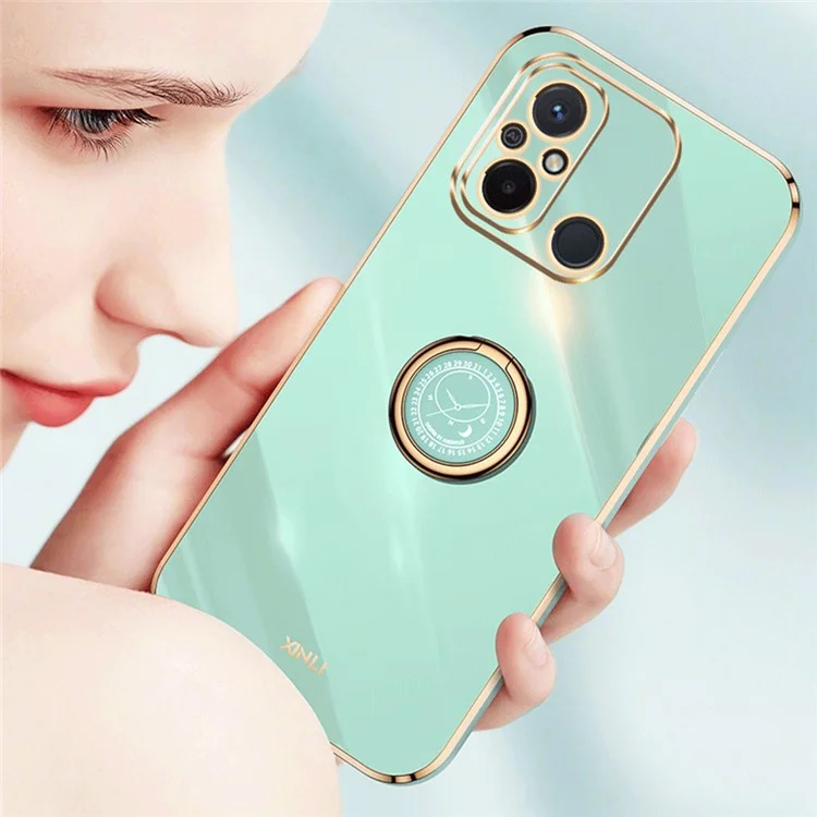 XINLI Für Xiaomi Redmi 12C 4G Ring Kickstand Phone Protective Case Electroplating Golden Edge TPU Back Cover - Rot