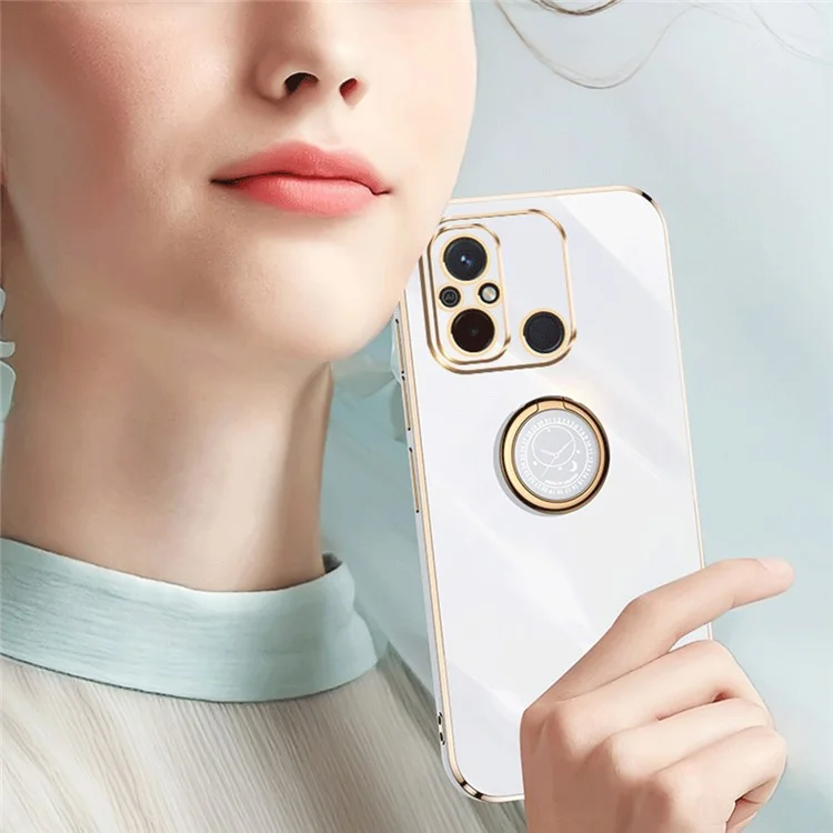 XINLI Für Xiaomi Redmi 12C 4G Ring Kickstand Phone Protective Case Electroplating Golden Edge TPU Back Cover - Rot