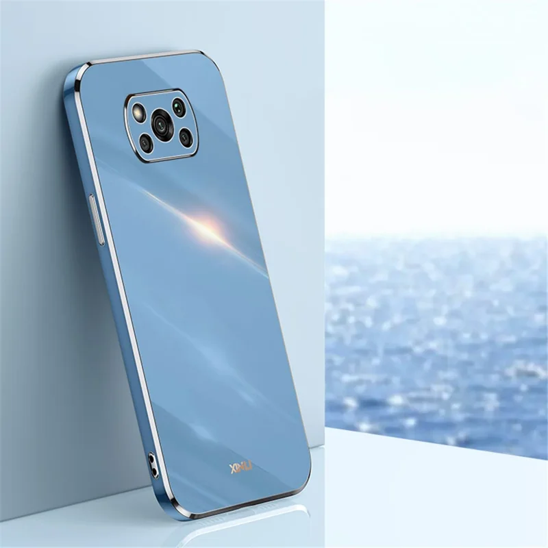 Coque de téléphone XINLI pour Xiaomi Poco X3 / X3 Pro / X3 NFC, protection antichoc avec bord doré en électroplaquage, coque de protection arrière en TPU - Bleu