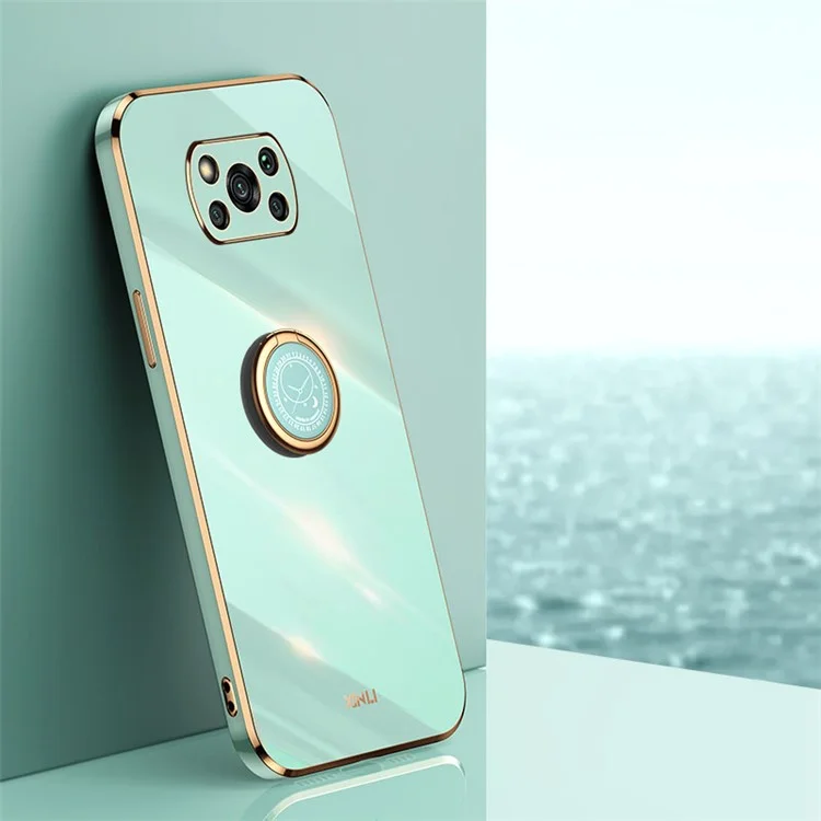 XINLI Back Shell para Xiaomi Poco X3 / X3 Pro / X3 NFC, Capa com Suporte Anel, Acabamento Dourado Eletrolítico, Capa Flexível de TPU - Ciano