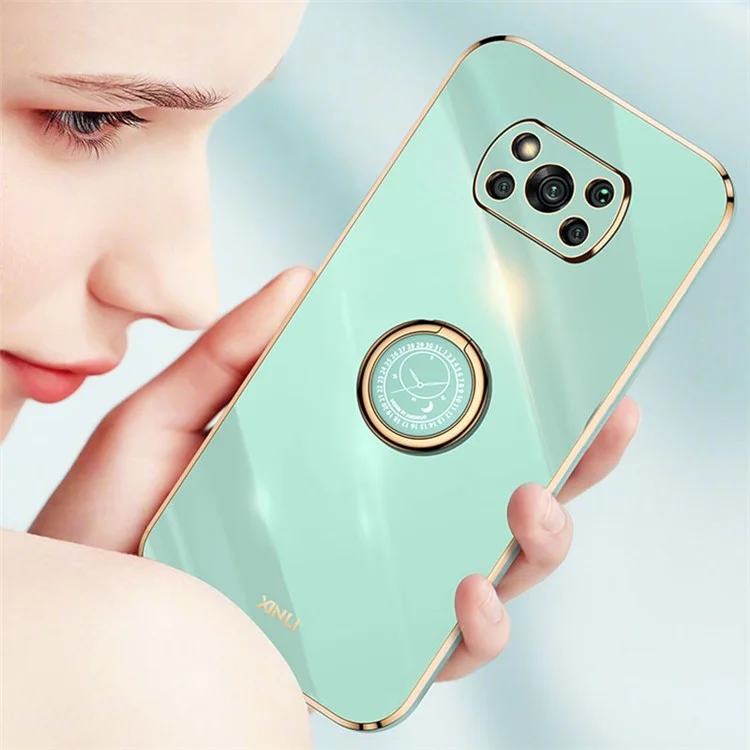 XINLI Back Shell para Xiaomi Poco X3 / X3 Pro / X3 NFC, Capa com Suporte Anel, Acabamento Dourado Eletrolítico, Capa Flexível de TPU - Ciano