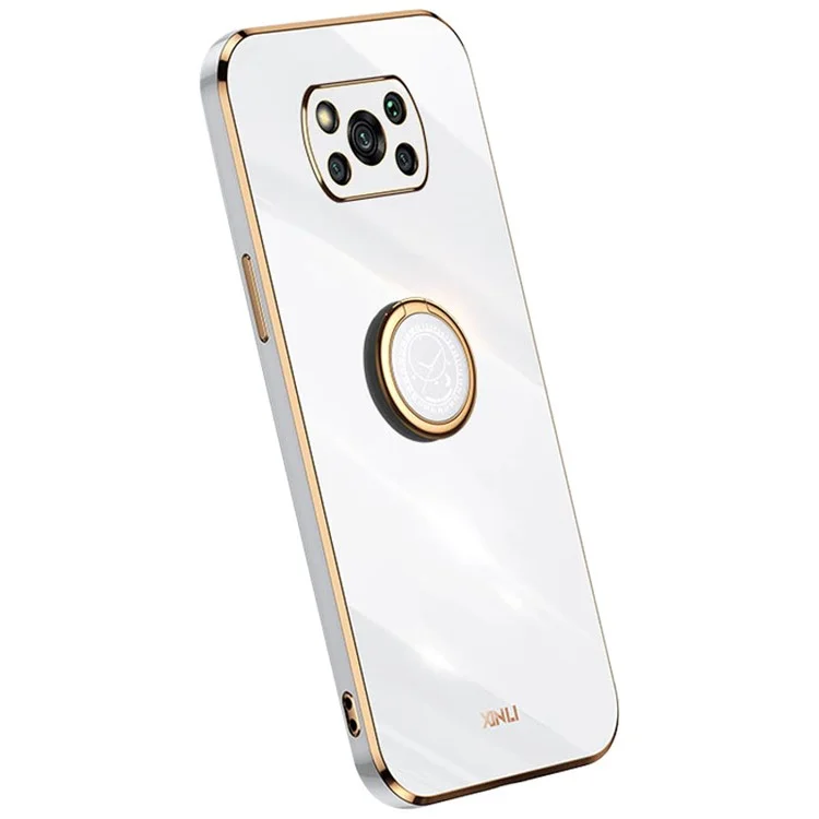 XINLI Back Shell for Xiaomi Poco X3 / X3 Pro / X3 NFC, Ring Kickstand Case Electroplating Golden Edge Soft TPU Cover - White