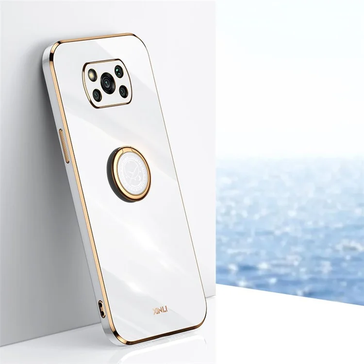 XINLI Back Shell for Xiaomi Poco X3 / X3 Pro / X3 NFC, Ring Kickstand Case Electroplating Golden Edge Soft TPU Cover - White