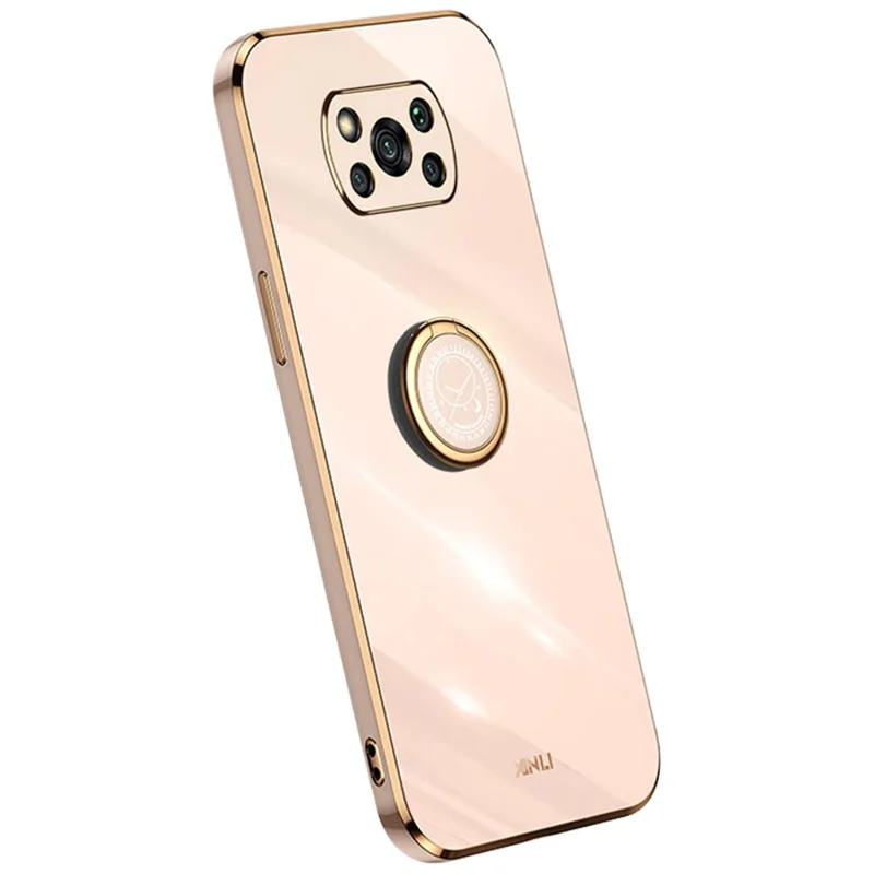 XINLI Back Shell for Xiaomi Poco X3 / X3 Pro / X3 NFC, Ring Kickstand Case Electroplating Golden Edge Soft TPU Cover - Pink
