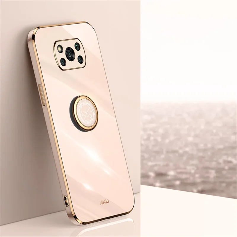 XINLI Back Shell for Xiaomi Poco X3 / X3 Pro / X3 NFC, Ring Kickstand Case Electroplating Golden Edge Soft TPU Cover - Pink