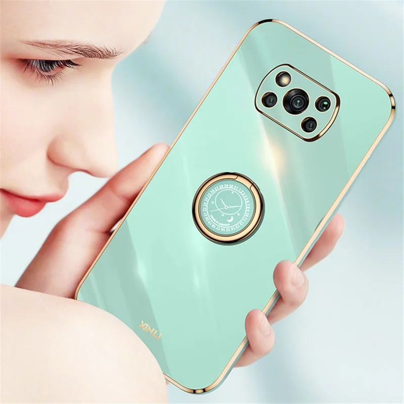 XINLI Back Shell for Xiaomi Poco X3 / X3 Pro / X3 NFC, Ring Kickstand Case Electroplating Golden Edge Soft TPU Cover - Pink