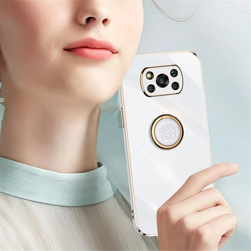 XINLI Back Shell for Xiaomi Poco X3 / X3 Pro / X3 NFC, Ring Kickstand Case Electroplating Golden Edge Soft TPU Cover - Pink