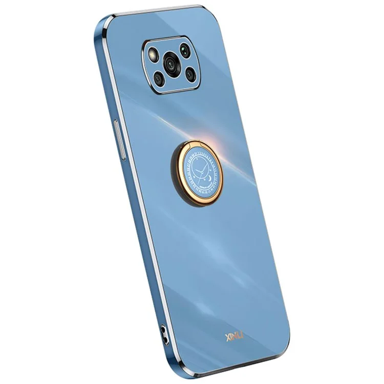 XINLI Carcasa trasera para Xiaomi Poco X3 / X3 Pro / X3 NFC, Funda con soporte de anillo Electrochapado bordes dorados Funda de TPU suave - Azul