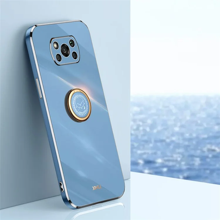 XINLI Carcasa trasera para Xiaomi Poco X3 / X3 Pro / X3 NFC, Funda con soporte de anillo Electrochapado bordes dorados Funda de TPU suave - Azul
