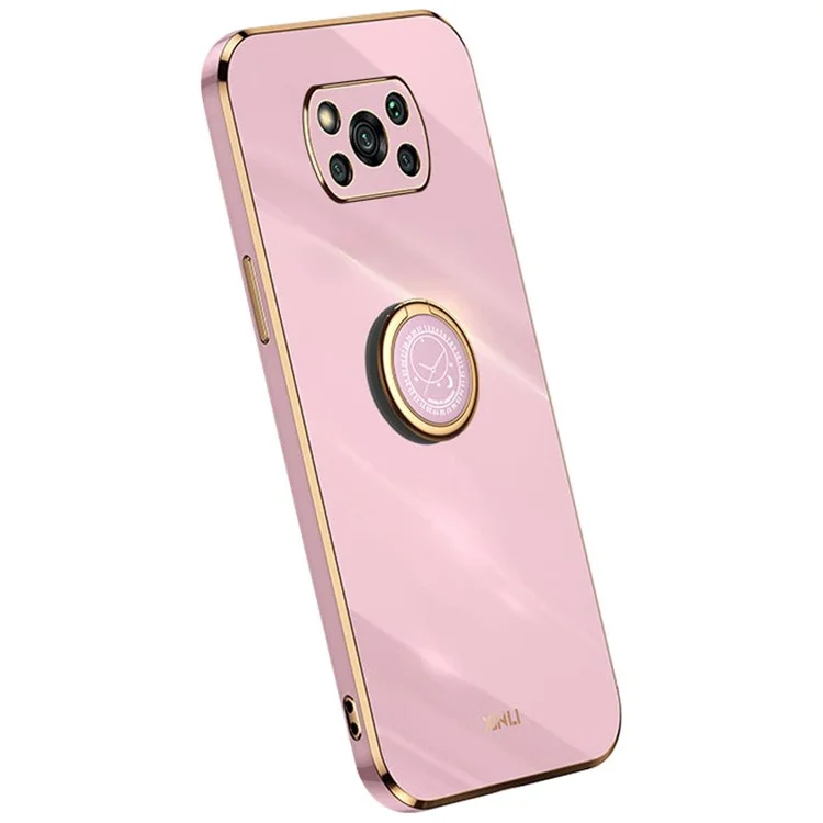 Carcasa posterior XINLI para Xiaomi Poco X3 / X3 Pro / X3 NFC, funda con soporte anular, borde dorado electrificado, funda de TPU blanda - Morado