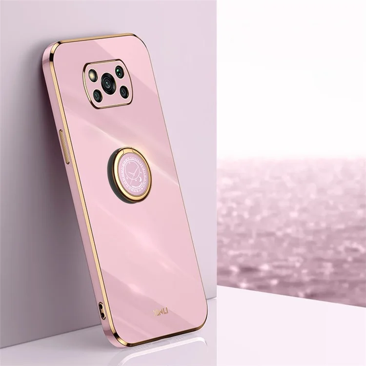 Carcasa posterior XINLI para Xiaomi Poco X3 / X3 Pro / X3 NFC, funda con soporte anular, borde dorado electrificado, funda de TPU blanda - Morado
