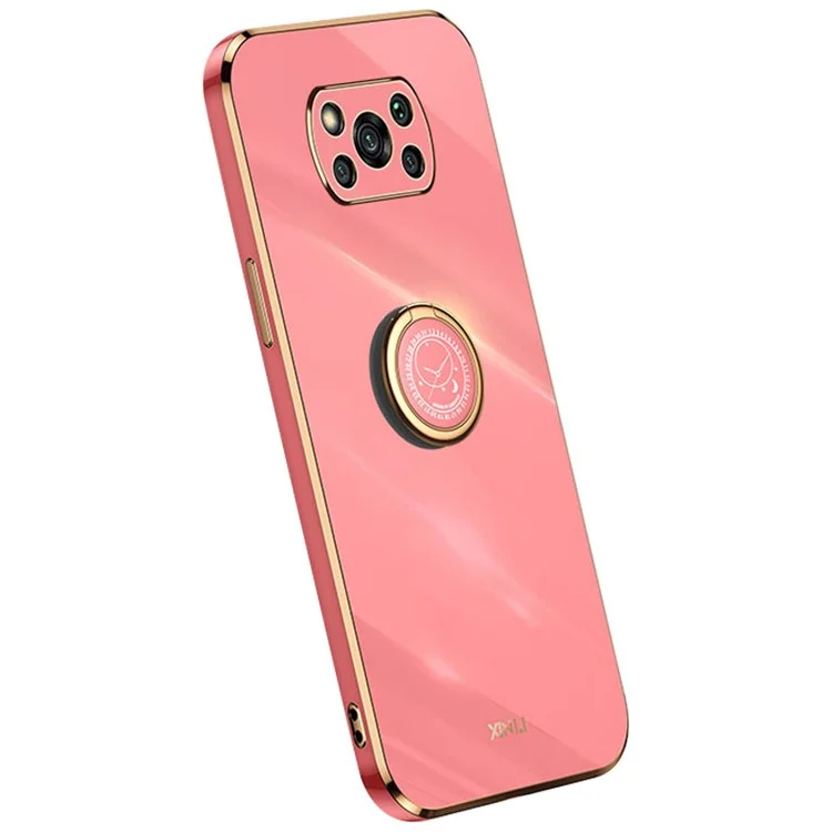 XINLI Carcasa Trasera para Xiaomi Poco X3 / X3 Pro / X3 NFC, Estuche con Soporte Anular Acabado Electrolítico de Borde Dorado Funda Blanda de TPU - Rojo 