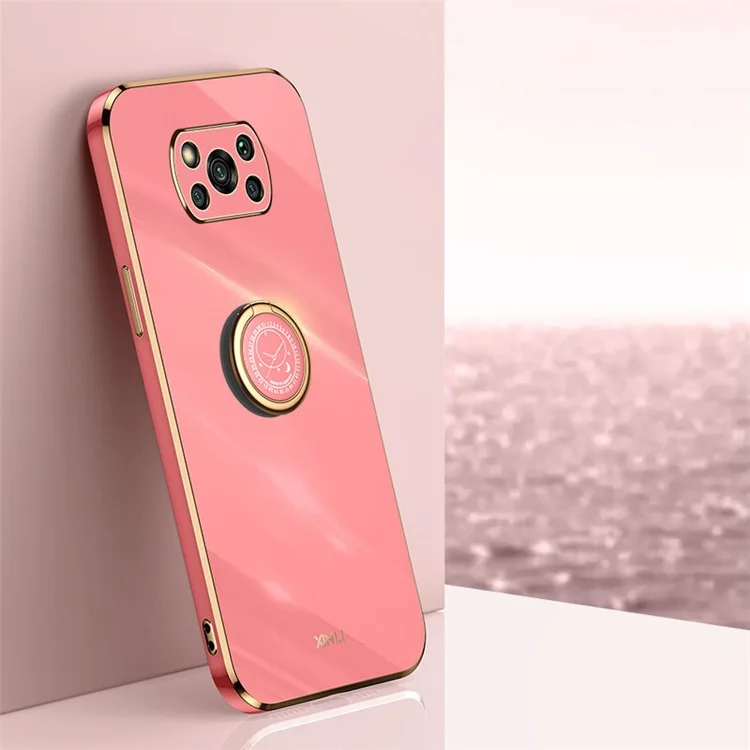 XINLI Carcasa Trasera para Xiaomi Poco X3 / X3 Pro / X3 NFC, Estuche con Soporte Anular Acabado Electrolítico de Borde Dorado Funda Blanda de TPU - Rojo 