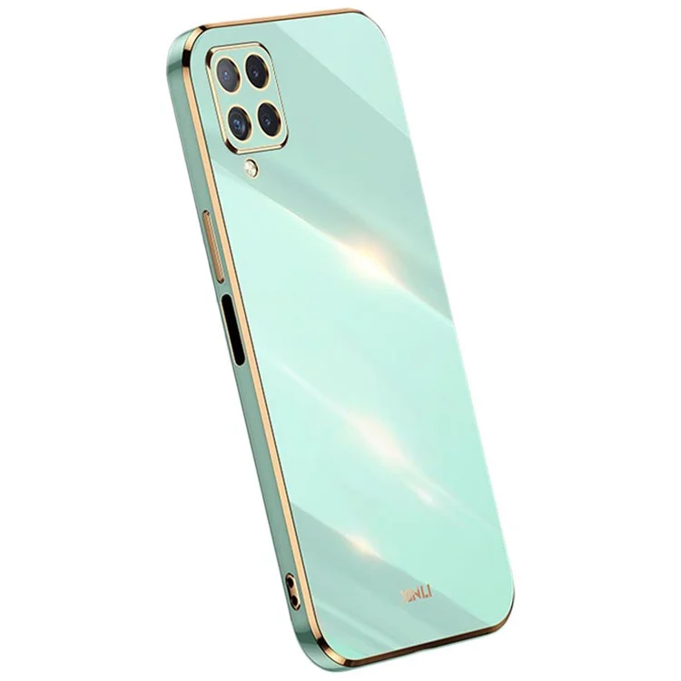 XINLI Phone Back Case for Samsung Galaxy A12, Electroplating Golden Edge TPU Protective Cover - Cyan