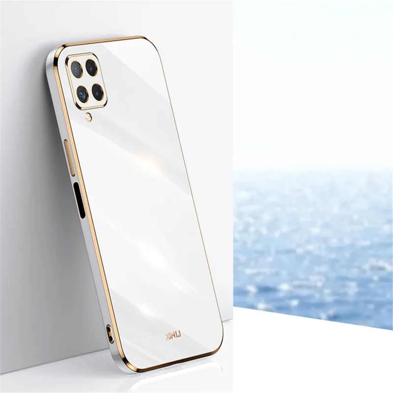 XINLI Phone Back Case for Samsung Galaxy A12, Electroplating Golden Edge TPU Protective Cover - White