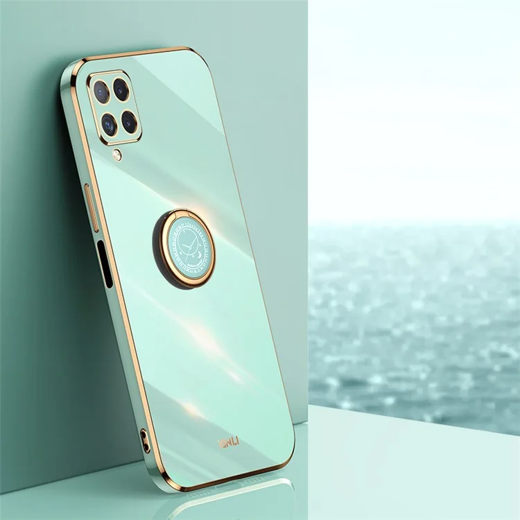 XINLI Back Shell para Samsung Galaxy A12, Anillo de borde dorado electrolítico Kickstand Case Soft TPU Cover - Cian