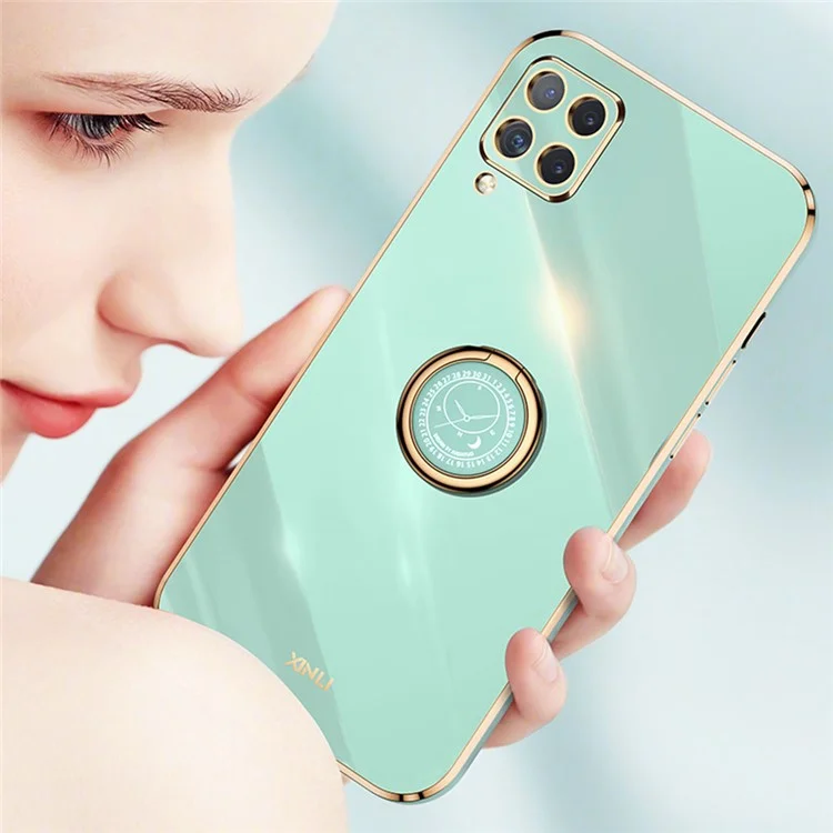 XINLI Back Shell para Samsung Galaxy A12, Anillo de borde dorado electrolítico Kickstand Case Soft TPU Cover - Cian