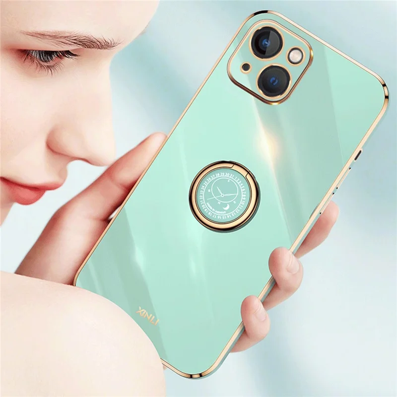 XINLI Per iPhone 13 6.1 pollici Anello Kickstand Soffice Custodia Posteriore in TPU, Bordo Dorato Nichelato Custodia Cover - Ciano