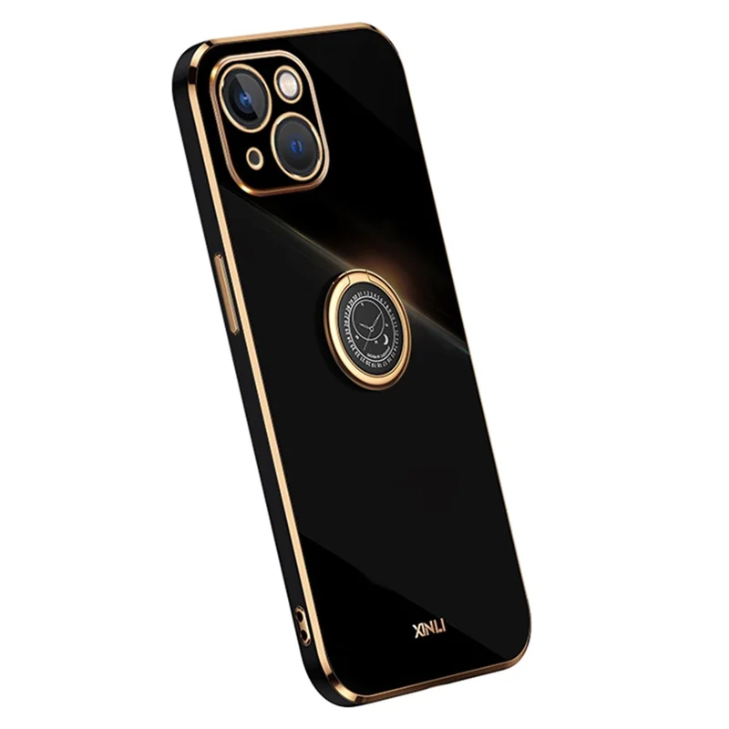 XINLI For iPhone 13 6.1 inch Ring Kickstand Soft TPU Back Shell, Electroplating Golden Edge Case Cover - Black