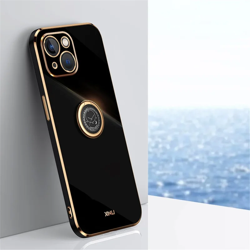 XINLI For iPhone 13 6.1 inch Ring Kickstand Soft TPU Back Shell, Electroplating Golden Edge Case Cover - Black