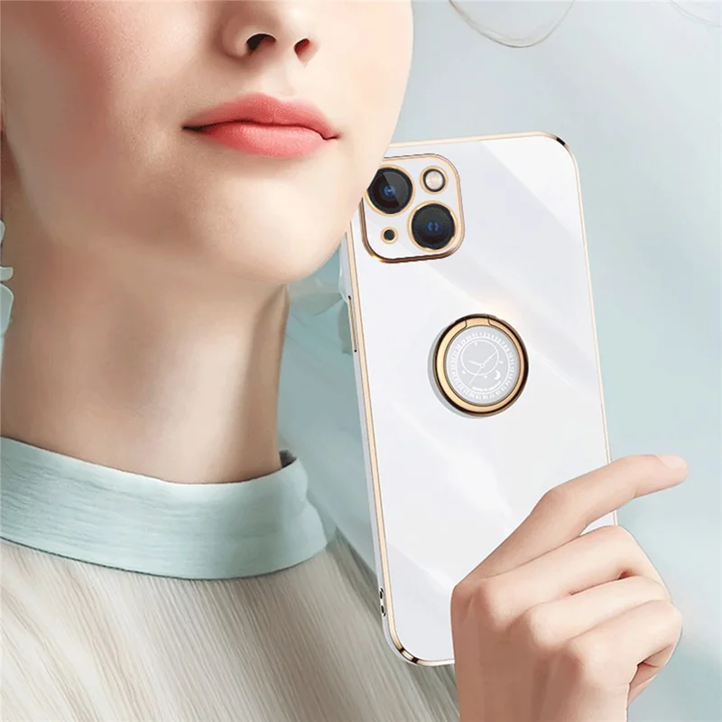 XINLI For iPhone 13 6.1 inch Ring Kickstand Soft TPU Back Shell, Electroplating Golden Edge Case Cover - Black