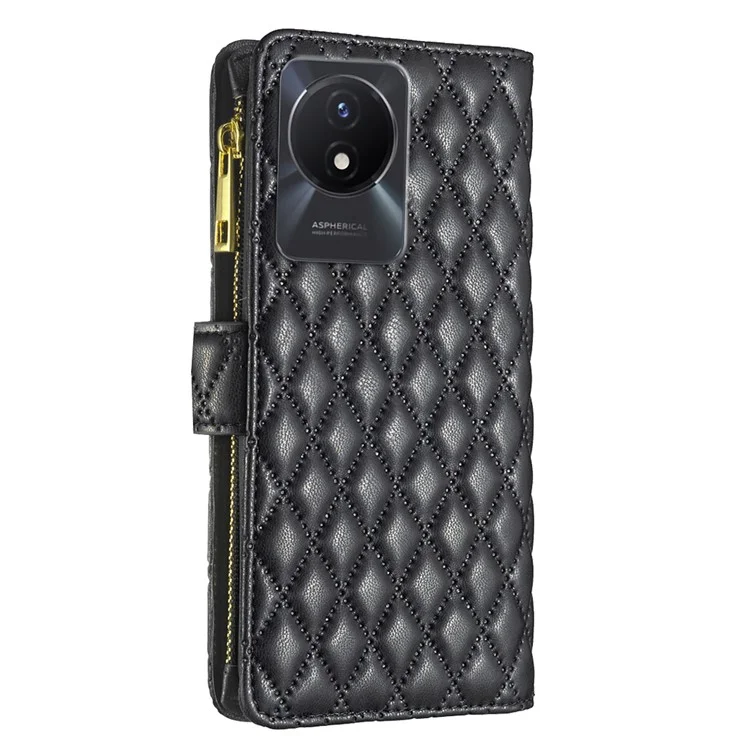 BINFEN COLOR BF Style-15 for vivo Y02 4G PU Leather Case Wallet Stand Zipper Pocket Phone Cover with Strap - Black