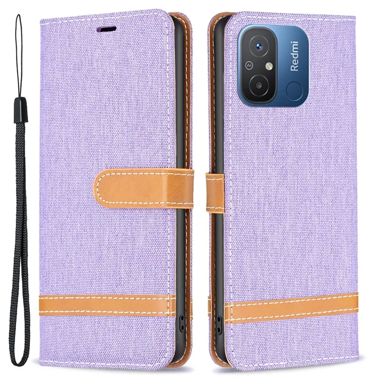 Per Xiaomi Redmi 12C 4G Jeans Cloth Splicing Design Leather Cover Wallet Stand Flip Phone Case - Viola
