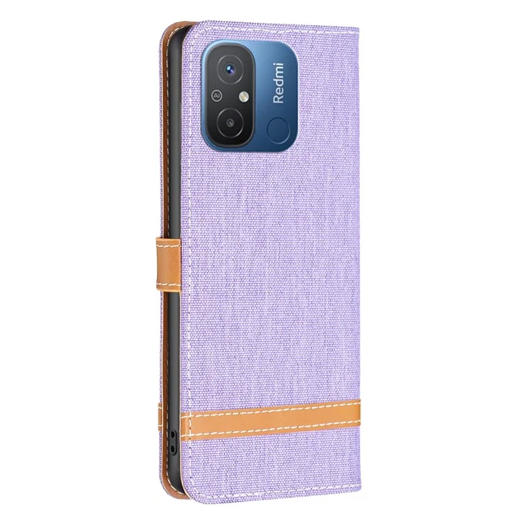 Per Xiaomi Redmi 12C 4G Jeans Cloth Splicing Design Leather Cover Wallet Stand Flip Phone Case - Viola