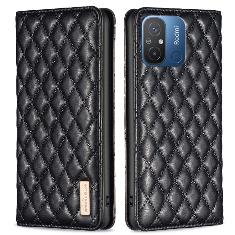 BINFEN COLOR BF Style-16 For Xiaomi Redmi 12C 4G Imprinted Rhombus PU Leather Case Card Holder Magnetic Absorption Phone Cover - Schwarz
