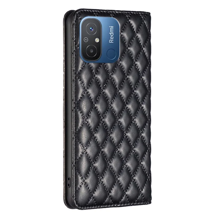 BINFEN COLOR BF Style-16 For Xiaomi Redmi 12C 4G Imprinted Rhombus PU Leather Case Card Holder Magnetic Absorption Phone Cover - Schwarz