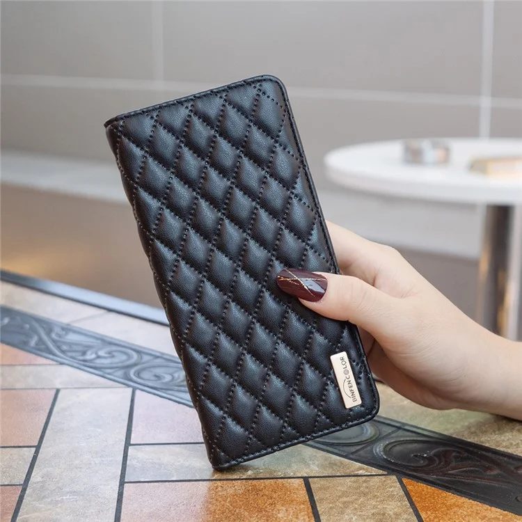 BINFEN COLOR BF Style-16 For Xiaomi Redmi 12C 4G Imprinted Rhombus PU Leather Case Card Holder Magnetic Absorption Phone Cover - Schwarz