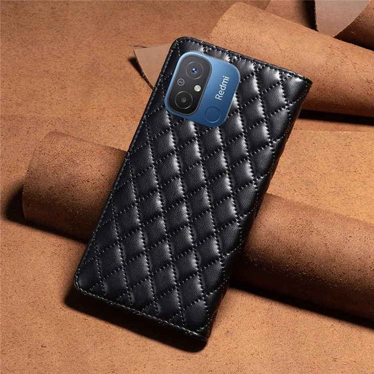 BINFEN COLOR BF Style-16 For Xiaomi Redmi 12C 4G Imprinted Rhombus PU Leather Case Card Holder Magnetic Absorption Phone Cover - Schwarz