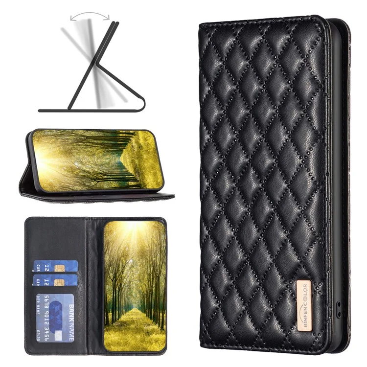 BINFEN COLOR BF Style-16 For Xiaomi Redmi 12C 4G Imprinted Rhombus PU Leather Case Card Holder Magnetic Absorption Phone Cover - Schwarz