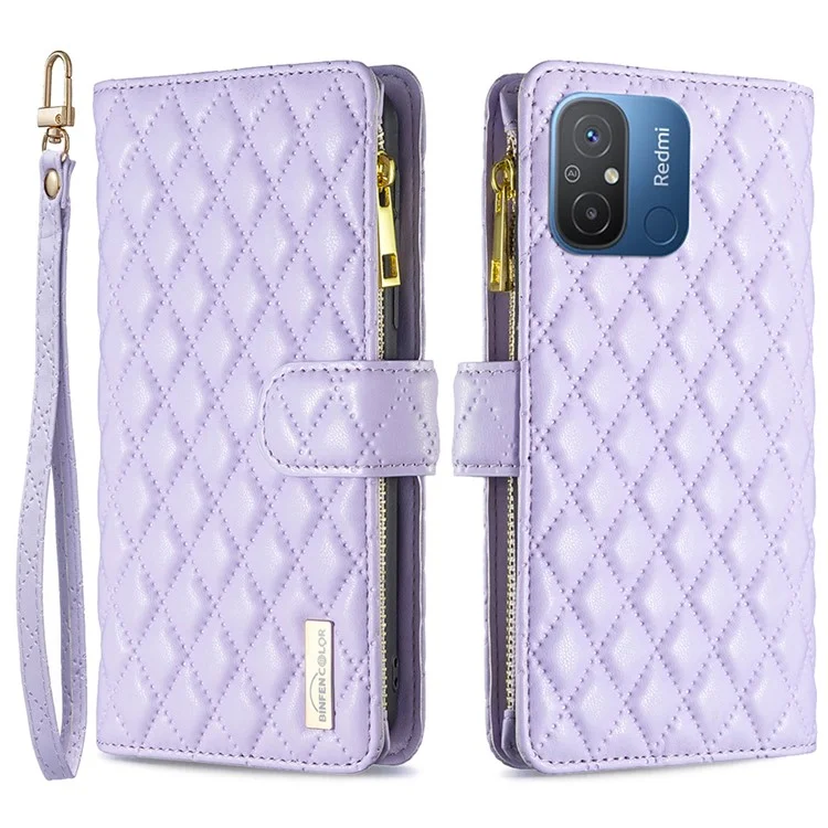 BINFEN COLOR BF Style-15 for Xiaomi Redmi 12C 4G PU Leather Wallet Case Stand Zipper Pocket Phone Anti-drop Cover with Strap - Purple