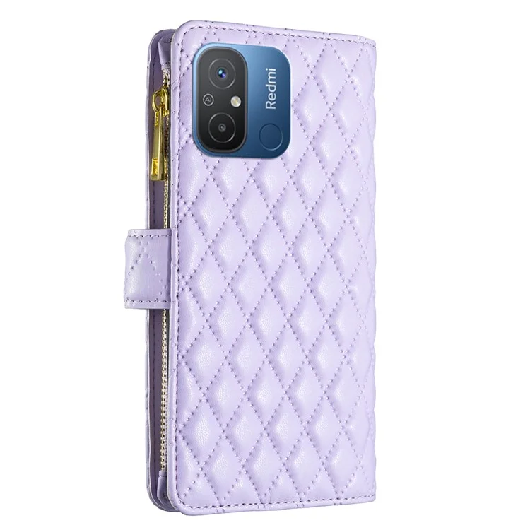 BINFEN COLOR BF Style-15 for Xiaomi Redmi 12C 4G PU Leather Wallet Case Stand Zipper Pocket Phone Anti-drop Cover with Strap - Purple