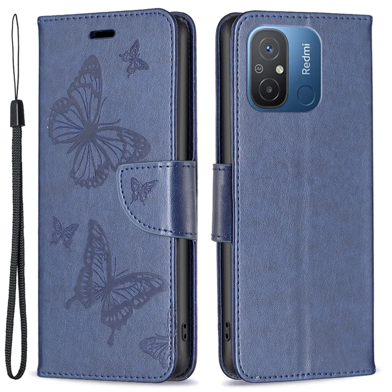 For Xiaomi Redmi 12C 4G Shockproof Case PU Leather Phone Case Wallet Stand Cover with Strap - Dark Blue