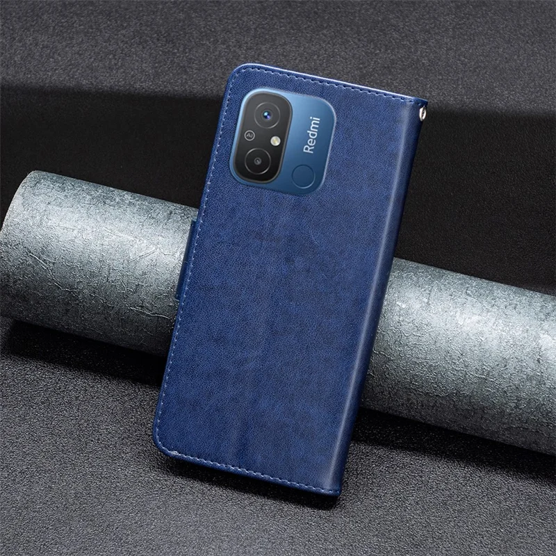 For Xiaomi Redmi 12C 4G Shockproof Case PU Leather Phone Case Wallet Stand Cover with Strap - Dark Blue