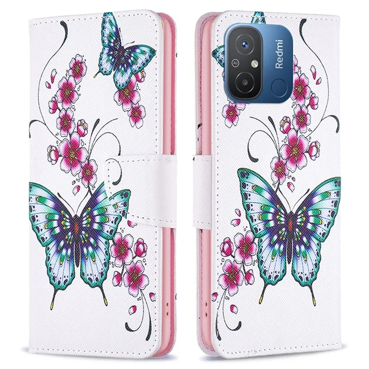 Pour Xiaomi Redmi 12C 4G Étui portefeuille en cuir PU avec motif imprimé, support pliable et protection de téléphone - Fleurs de pêcher et papillons