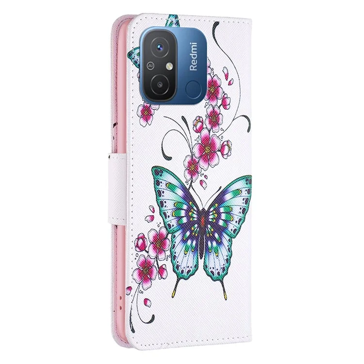 Pour Xiaomi Redmi 12C 4G Étui portefeuille en cuir PU avec motif imprimé, support pliable et protection de téléphone - Fleurs de pêcher et papillons