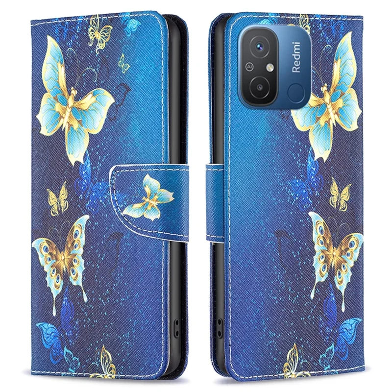 For Xiaomi Redmi 12C 4G PU Leather Wallet Phone Case Pattern Printed Stand Flip Protective Phone Cover - Golden Butterflies